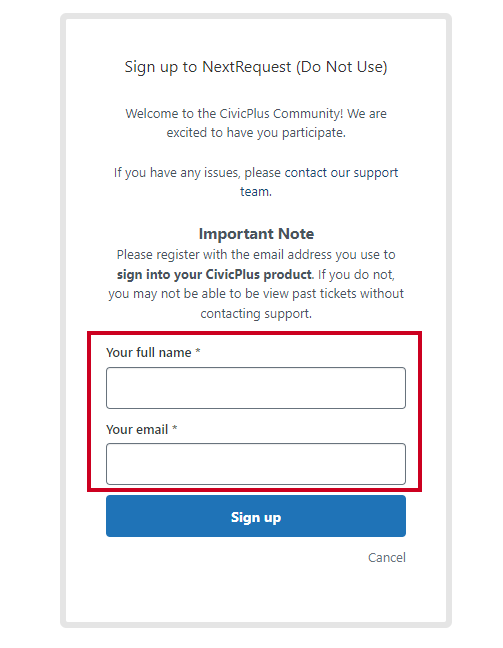 full name and email fields.