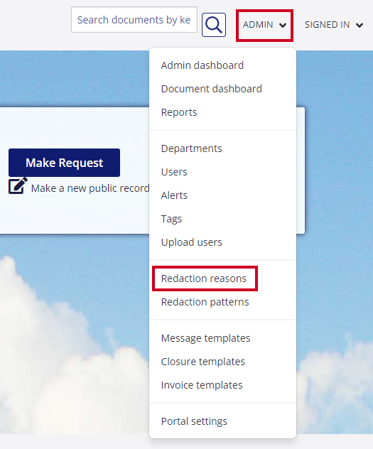 The Admin drop-down menu is highlighted in the upper-right corner of the portal's dashboard, next to the search bar.