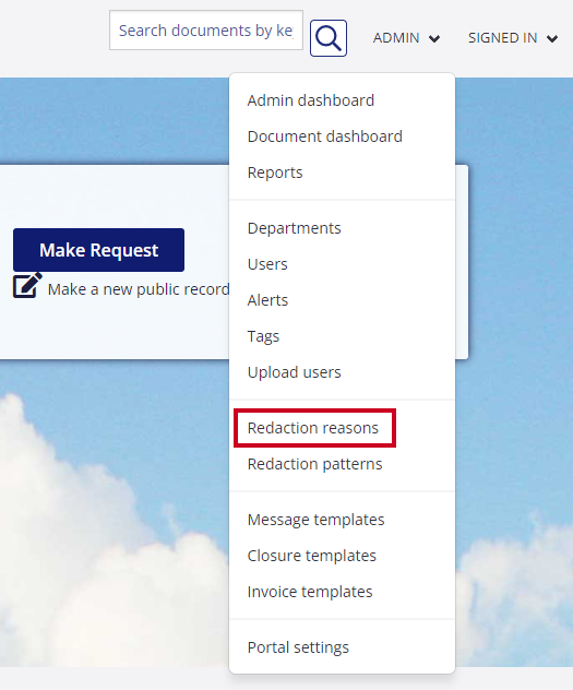 The 'Redaction Reason' option is highlighted on the Admin drop-down menu.