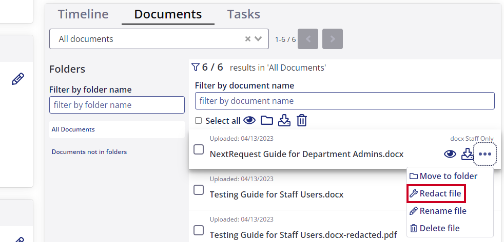 The Redact File, indicated by a wrench icon, is selected on the elipsis' drop-down menu.