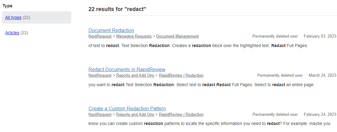 Type filter in the left sidebar of the search results page.