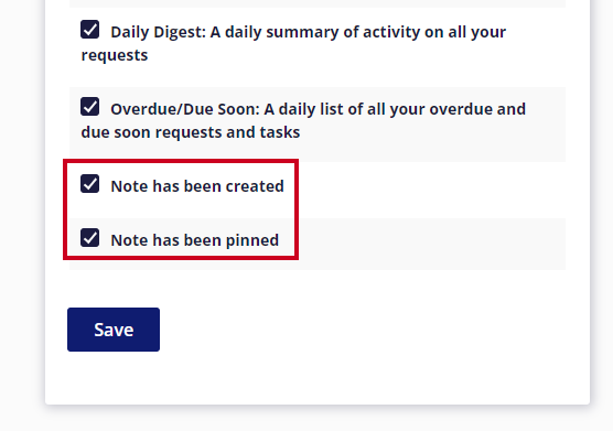 'Note has been created' and 'Note has been pinned' checkboxes.