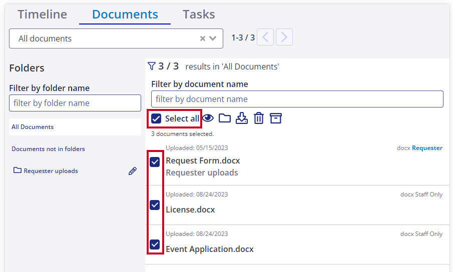 Checkboxes next to Documents.