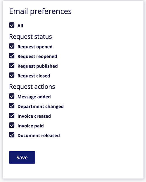 Email Preferences list with checkboxes next to each option.
