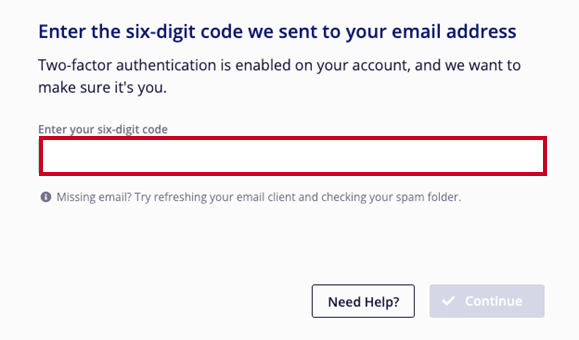 2FA log in screen Enter Code.