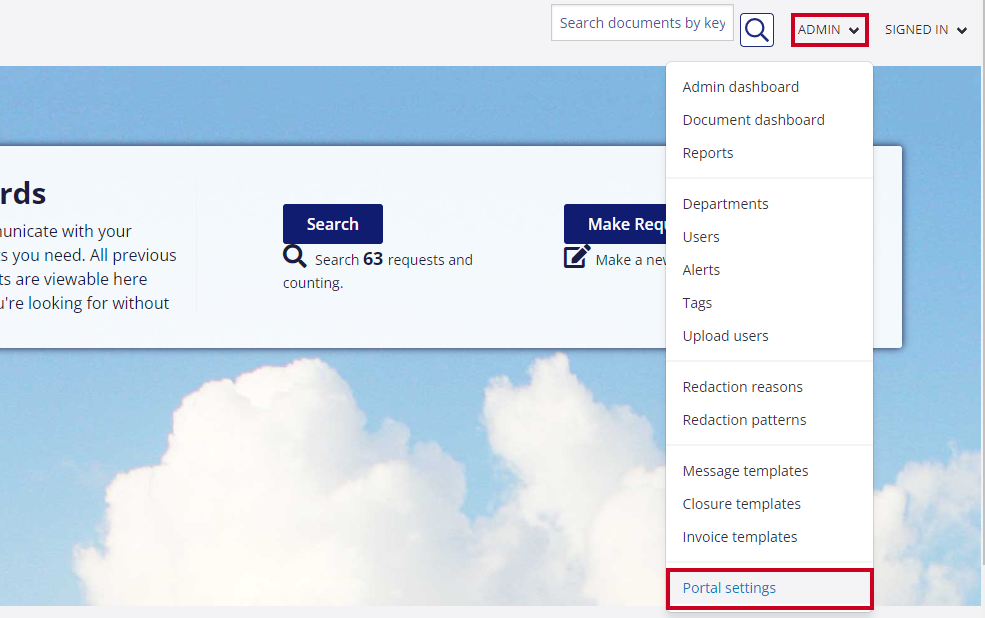 Portal Settings option in Admin menu drop-down.