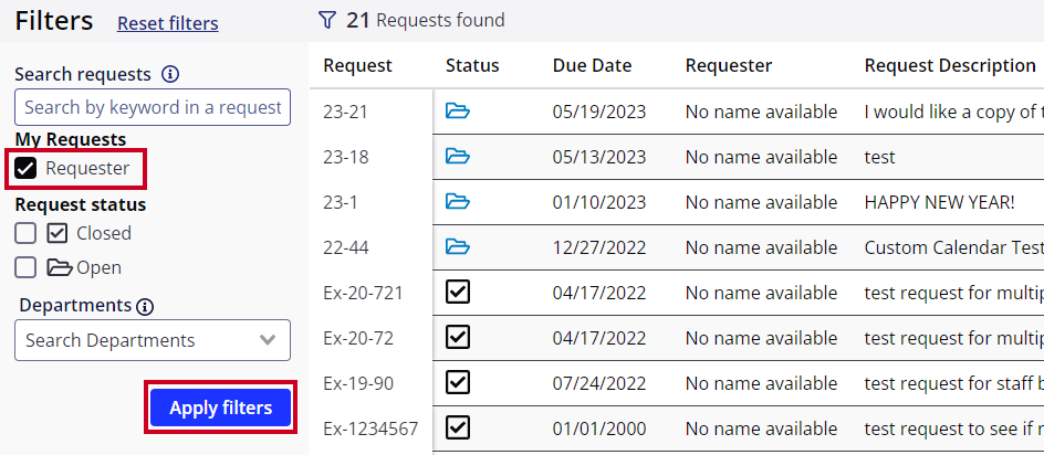 Requester filter checkbox and apply filter button.