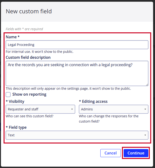 New Custom Field Information Input boxes including required and optional options