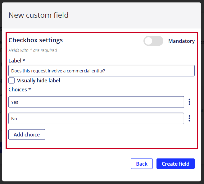 Pop-up window of checkbox field informtaion input boxes, including required and optional options