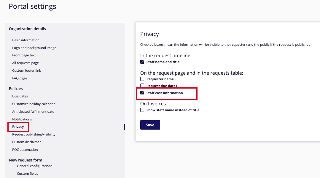 portal privacy settings. Staff cost information checkbox highlighted