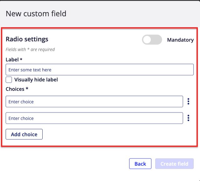 Pop-up window of Radio Settings Field information input boxes, including required and optional options